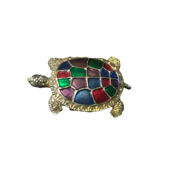 Turtle Brooch Multicolored Painted Shell Signed Pin 1995 BG Bergdorf Goodman - Picture 5 of 6